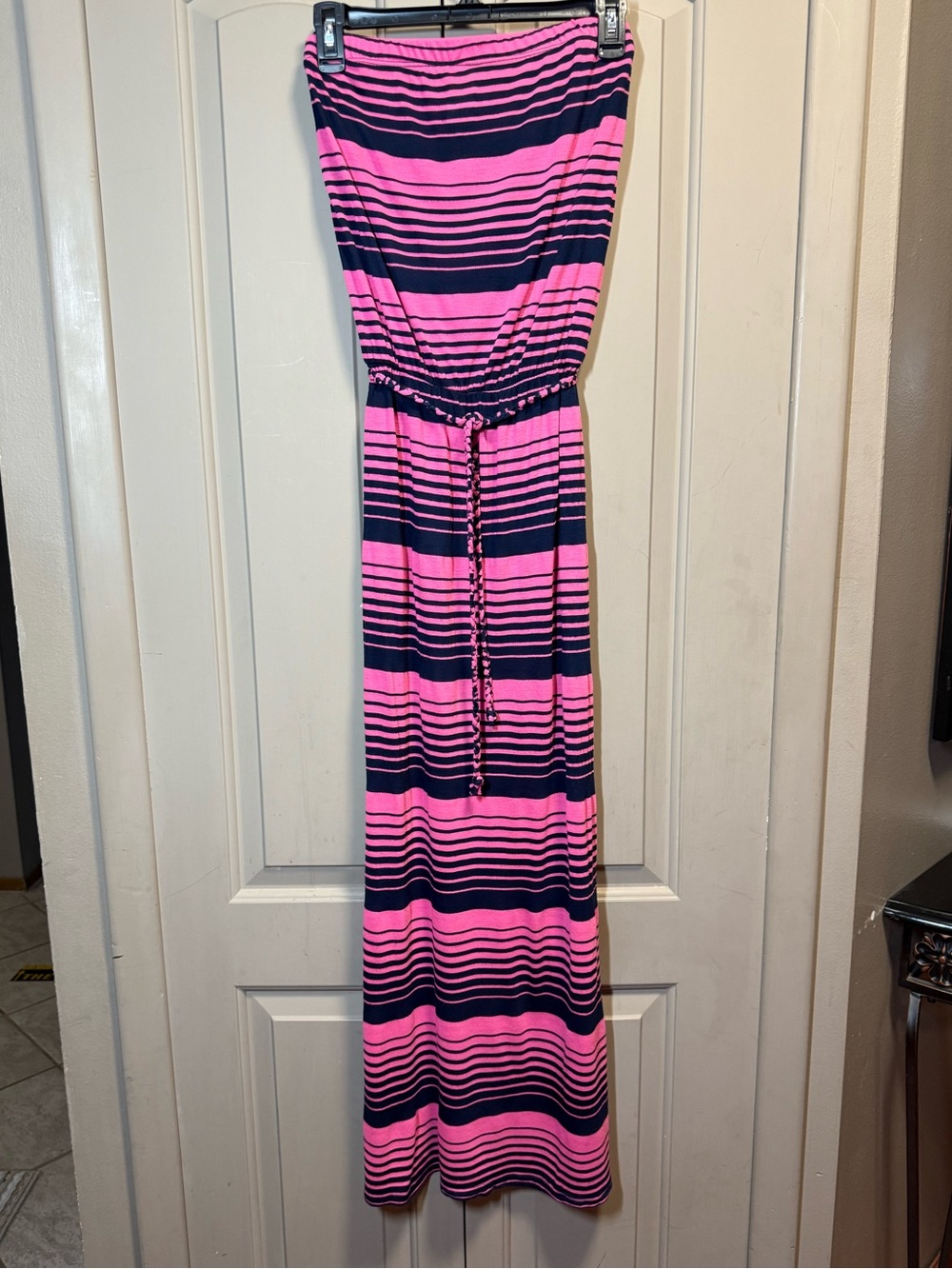 Strapless Pink and Navy Stripe Maxi Dress with Tie Waist